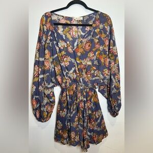 Molly Green Fall Dress. Elegant Floral Blue and Brown Mini Dress. Size M.